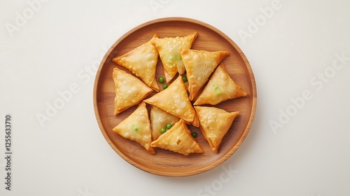 Deep fried samosa Indian snacks curry potato fillings with peas, round wooden plate top view center, white background