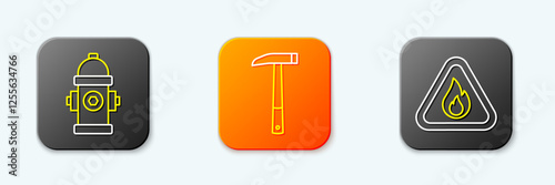 Set line Fire hydrant, Firefighter axe and flame in triangle icon. Vector