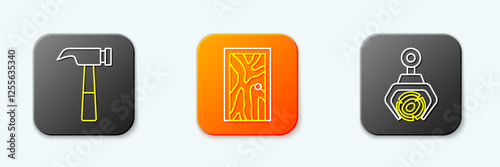 Set line Hammer, Closed door and Grapple crane grabbed log icon. Vector