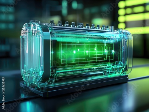 Innovative transparent battery technology with futuristic green glow design photo