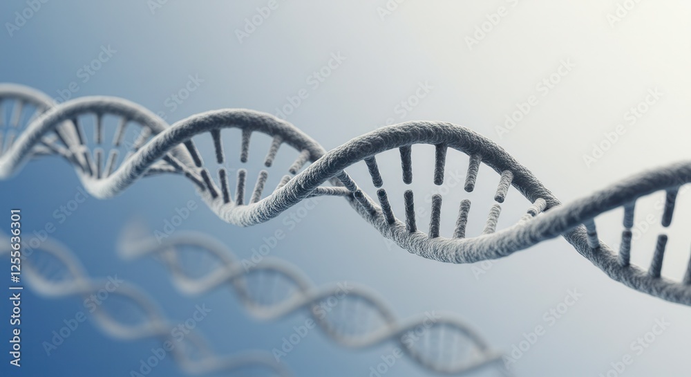 Transparent detailed DNA strand on modern scientific technology blue illustration background with copy space. Transparent detailed DNA strand on modern scientific technology blue illustration background with copy space.