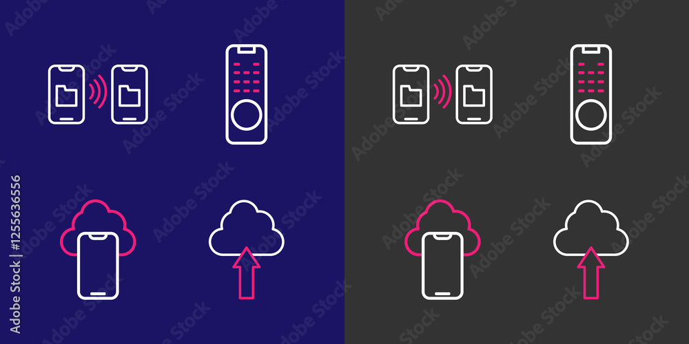 Set line Cloud upload, technology data, Remote control and Data transfer and storage icon. Vector Set line Cloud upload, technology data, Remote control and Data transfer and storage icon. Vector