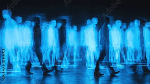 Blurred figures walk in an abstract, electric-blue crowd, suggesting movement and anonymity with modern and technological overtones. photo