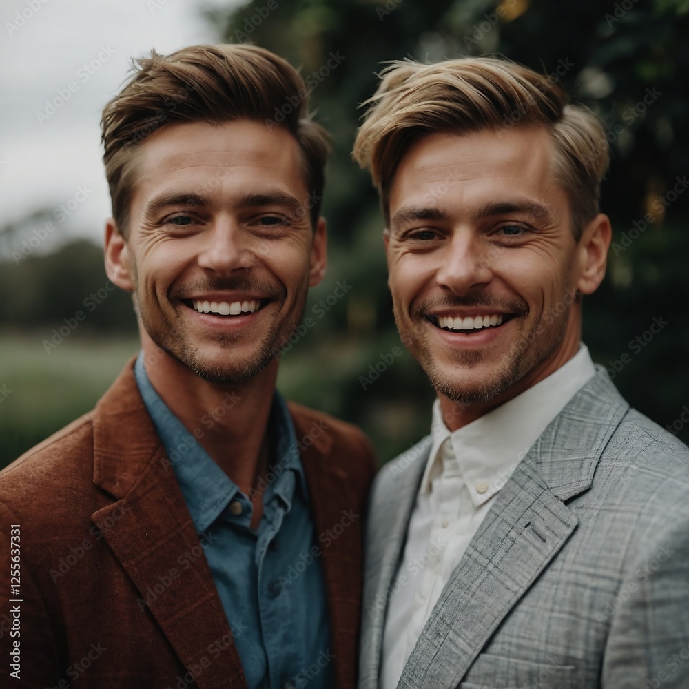 Happy Diverse Male Couple Embracing in Nature During Summer Outdoors Happy Diverse Male Couple Embracing in Nature During Summer Outdoors