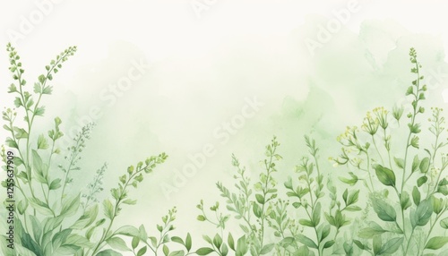 Watercolor illustration of green wild plants, soft pastel tones, botanical nature background with copy space