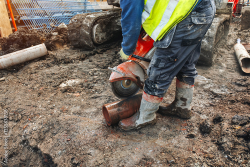 Construction worker cuts clay drainage  pipe on a muddy site using a power saw tool  photo