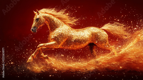 Horse made of gold on a red background