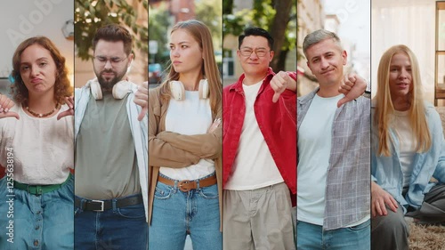Dislike. Collage of upset unhappy people diverse gender, different ages, ethnicity gives thumbs down disappointment dissatisfaction, displaying negative feedback, disapproval frustration, fail, lose
