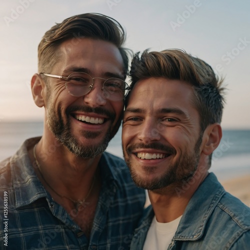 Smiling Diverse Gay Couple Enjoying Sunset at Beach Portrait of Love and Friendship