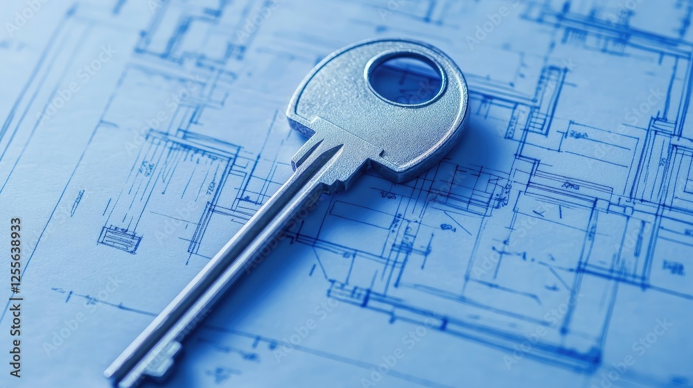 A blueprint with detailed sketches and a key placed on top, representing planning and unlocking business potential A blueprint with detailed sketches and a key placed on top, representing planning and unlocking business potential