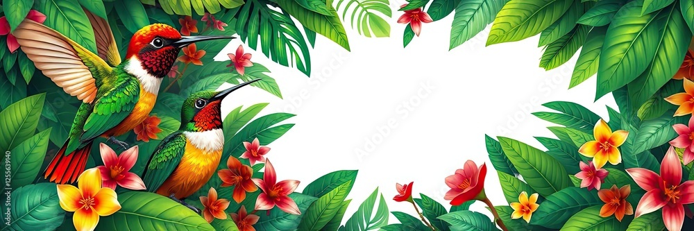 Fototapeta premium Vibrant Hummingbirds Tropical Flowers Banner