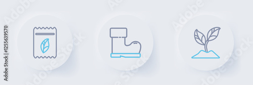 Set line Plant, Waterproof rubber boot and Pack full seeds plant icon. Vector