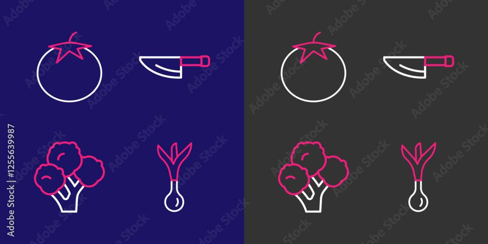 Set line Onion, Broccoli, Knife and Tomato icon. Vector Set line Onion, Broccoli, Knife and Tomato icon. Vector