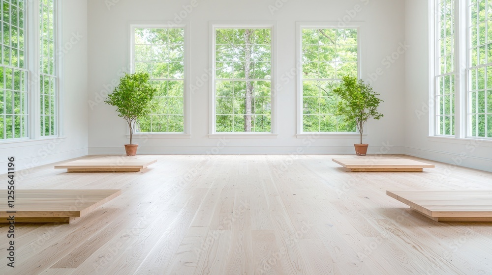 Fototapeta premium Tranquil modern room, sunlit windows, plants, wooden platforms, peaceful zen space, meditation