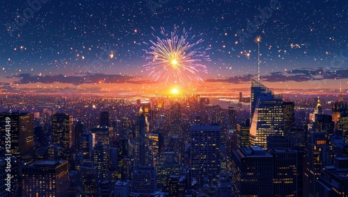 Wallpaper Mural New Year s Eve fireworks over a vibrant city skyline at sunset, showcasing a colorful display of light and joy, perfect for celebrations and festive occasions Torontodigital.ca