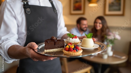 Dessert tray served by a waiter in a cozy restaurant with couples enjoying their time