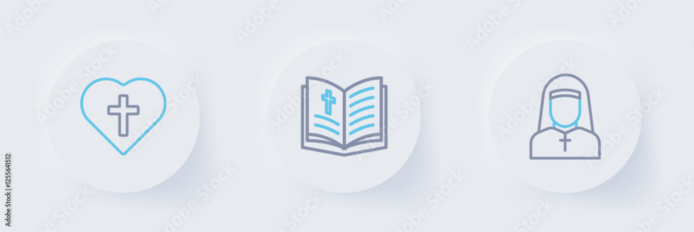 Set line Nun, Holy bible book and Christian cross in heart icon. Vector