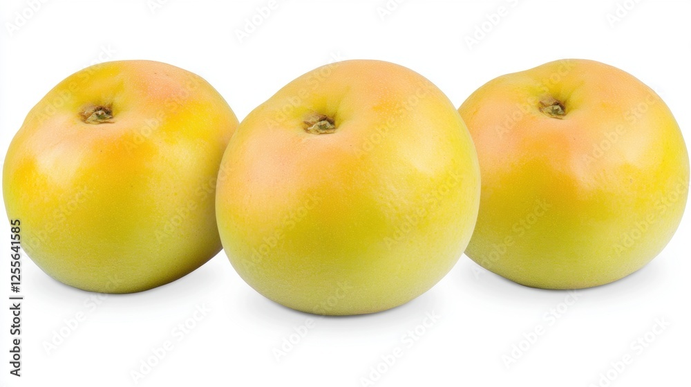 Three Fresh Yellow Apples with a Slight Pink Blush Arranged Neatly on a White Background Three Fresh Yellow Apples with a Slight Pink Blush Arranged Neatly on a White Background