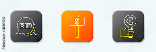 Set line Bid, Hand holding auction paddle and icon. Vector