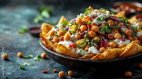 A beautifully arranged fusion samosa chaat, crispy samosa pieces layered with yogurt, spicy masala chickpeas, tangy chutneys, and crunchy sev, high contrast lighting, moody background, rich textures,