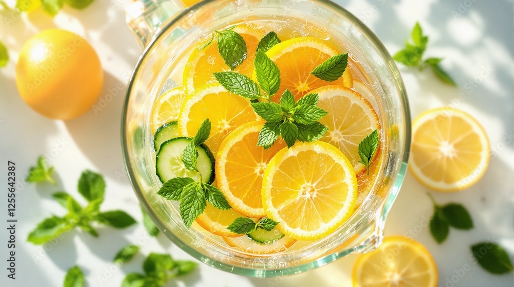 Refreshing citrus beverage with mint and cucumber in a glass pitcher on a bright sunny day