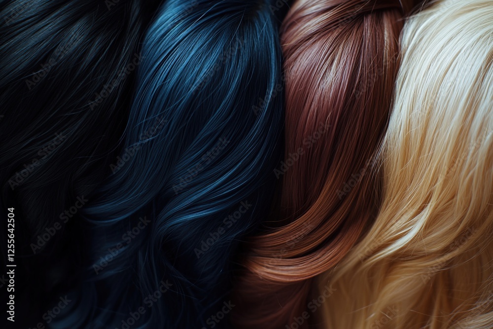Naklejka premium Explore Vibrant Hair Color Shades: Dark Blue, Auburn, Blonde, and Black Hair Transformations