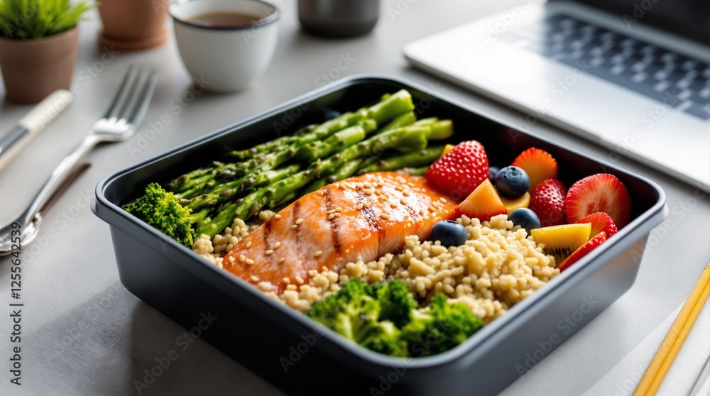 Healthy meal prep featuring salmon, quinoa, and fresh vegetables on a work desk during lunch hour Healthy meal prep featuring salmon, quinoa, and fresh vegetables on a work desk during lunch hour