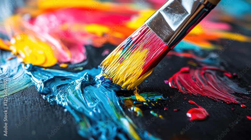 Fototapeta premium Bright and colorful paint dripping from a brush onto a glossy black surface, creating a dramatic splash of color in a dynamic artistic scene