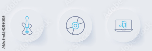 Set line Laptop with music, Vinyl disk and Electric bass guitar icon. Vector