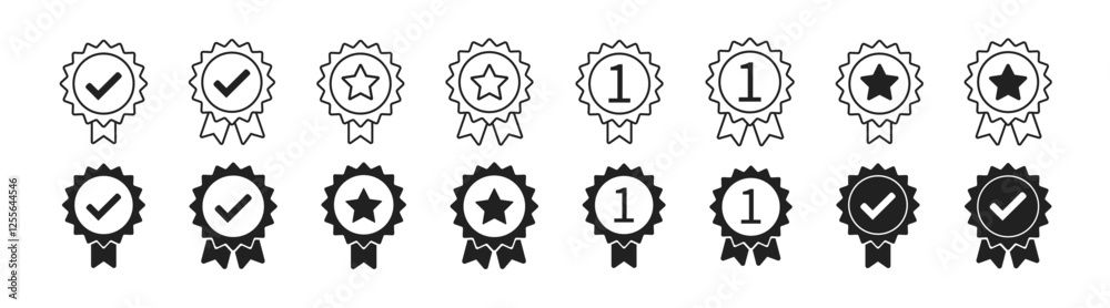 Check mark medal icon set. Collection of approval badges with check symbols, representing certification and authorization. Certified, qualified medal icon vector. Check mark medal icon set. Collection of approval badges with check symbols, representing certification and authorization. Certified, qualified medal icon vector.
