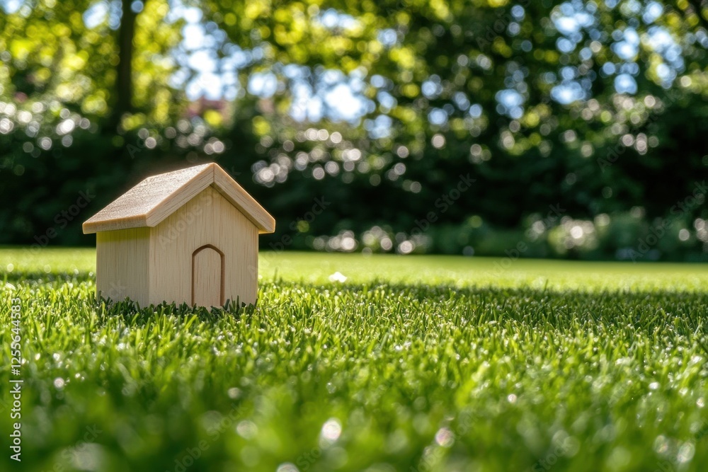 Wooden house model on green grass in sunlight. Wooden house model on green grass in sunlight.