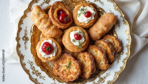 Assortment of Delicious Pastries on a Decorative Plate with White Background photo