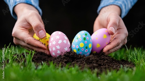 Easter Eggs Hidden in Grass, Spring Holiday photo