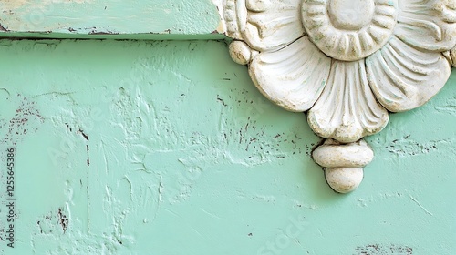 Ornate white carving on a mint green painted surface