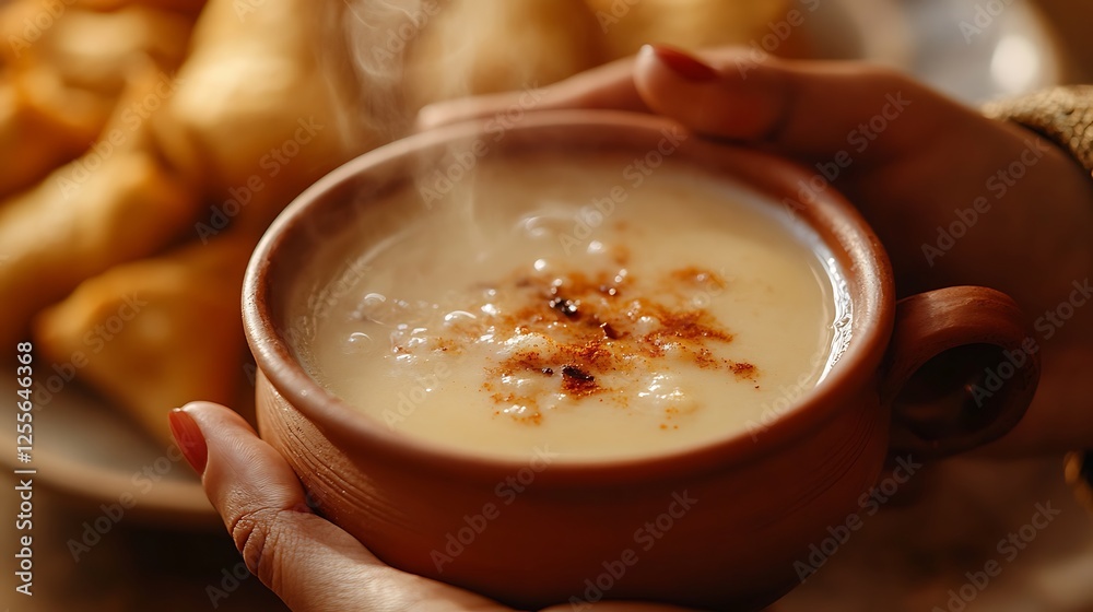 A close-up of hands holding a warm clay cup of masala chai, steam rising as spices float on top, a plate of crispy samosas in the background, golden lighting, cozy intimate setting, A close-up of hands holding a warm clay cup of masala chai, steam rising as spices float on top, a plate of crispy samosas in the background, golden lighting, cozy intimate setting,