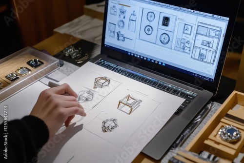 Designer sketching jewelry, laptop CAD, boutique, luxury photo