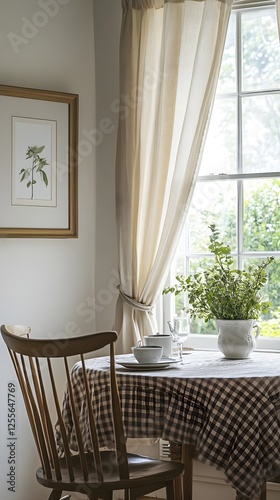 A vintage-inspired country dining room with checkered patterns, soft curtains, and a framed white canvas.