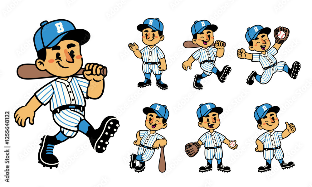 Happy Cartoon Character Set Of Baseball Player Happy Cartoon Character Set Of Baseball Player