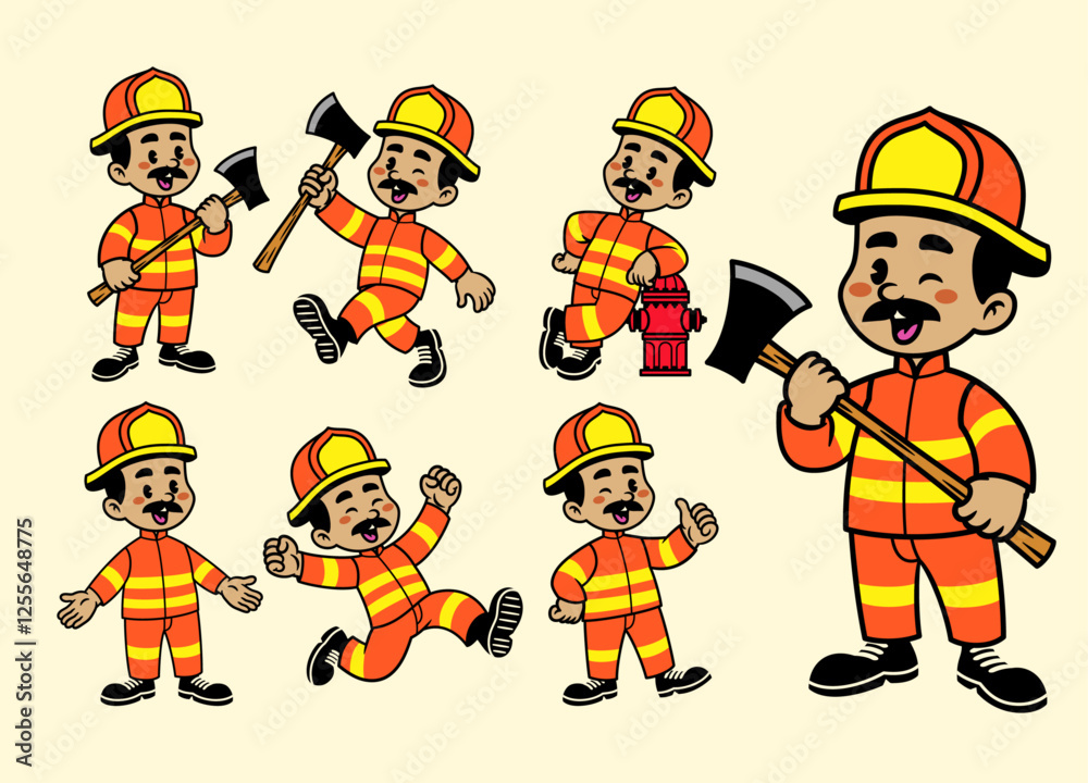 Joyful Cartoon Character Set Of Fireman Joyful Cartoon Character Set Of Fireman