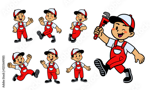 Joyful Cartoon Character Set Of Plumber