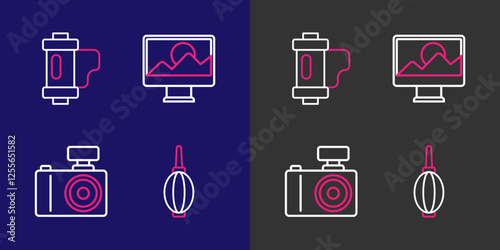 Set line Dust blower, Photo camera, retouching and Camera film roll cartridge icon. Vector