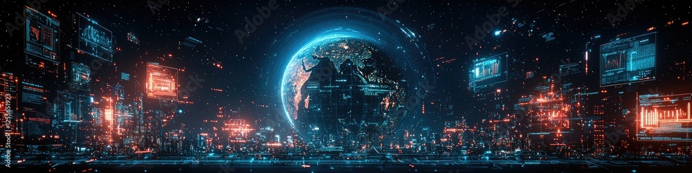 Obraz premium Futuristic Cityscape with Digital Earth at its Center