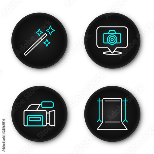 Set line Empty photo studio, Cinema camera, Photo and retouching icon. Vector