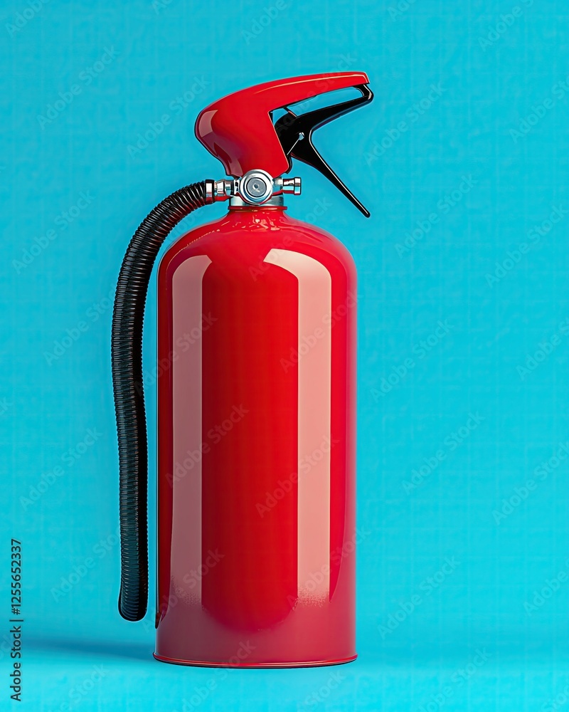 Obraz premium Red fire extinguisher on blue background.