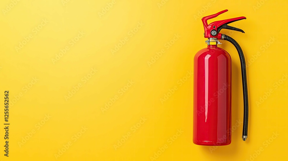 Fototapeta premium Bright red fire extinguisher on yellow background.