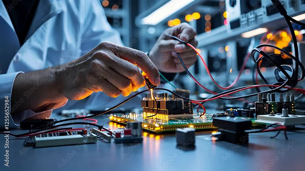 Electronics Engineer Working on Circuit Board with Wires and Components in High-Tech Laboratory
Electronics Engineer Working on Circuit Board with Wires and Components in High-Tech Laboratory