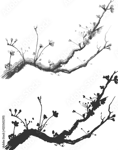 Watercolor Sakura Blossom - Japanese Cherry Tree. Artistic Branch Plum Blossom.