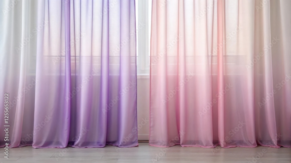 Obraz premium Curtain shade and transparent, Elegant sheer curtains in gradient hues of purple and pink, softly diffusing light, ideal for modern home decor.