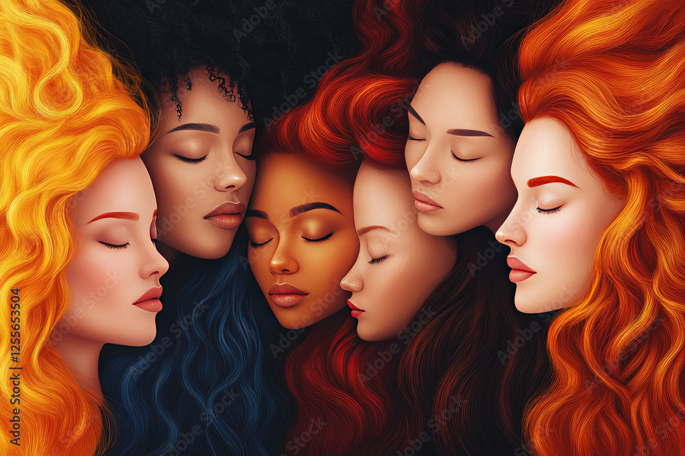 Naklejka premium International Day for Elimination of Racial Discrimination.Women of different skin tones stand in profile with closed eyes, symbolizing unity, love, emphasizing the importance of tolerance, solidarity