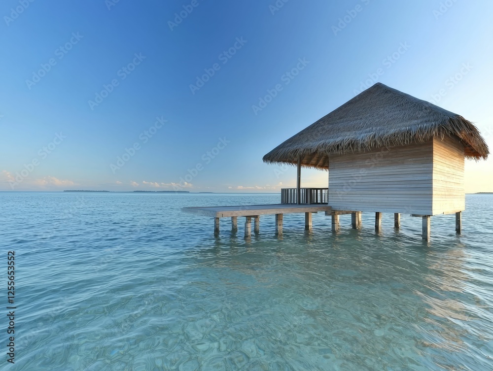 A serene overwater bungalow sits atop clear blue waters, surrounded by a tranquil horizon under a bright sky. A serene overwater bungalow sits atop clear blue waters, surrounded by a tranquil horizon under a bright sky.